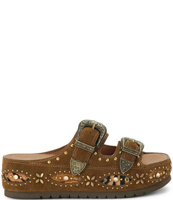 カートジェイガーロンドン レディース シューズ サンダル スエード Kurt Geiger London Western Buckle Stud Slide Suede Flatform Sandals Brown ブラウン｜ReVida 店