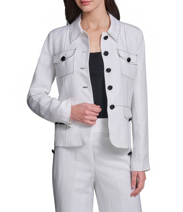 長い巻き毛 ラガーフェルド レディース アウター 厚地の外套 リネン 上衣 KARLAGERFELD PARIS Linen Point Collar Long Sleeves Coordinating Jacket Soft White 白いこと