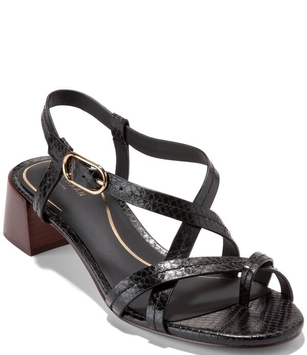 電話を掛けるハーン レディース シューズ 踵 刷り上げる サンダル なめし革 Cole Haan Dillon Leather Snake Print Strappy Block Heel Sandals Black 黒いこと