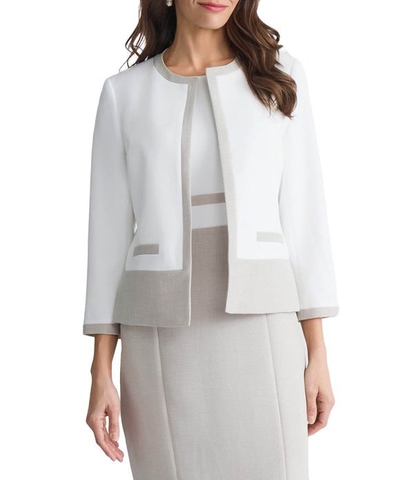 カスパール レディース アウター コート カーディガン Kasper Color Blocked Open Front Cardigan Lily White/Summer Straw ホワイト｜ReVida 店