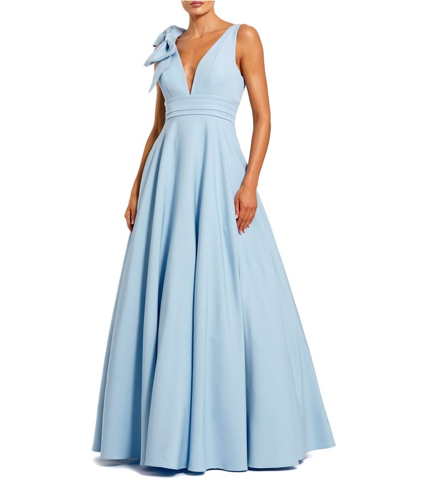 マックダガル レディース トップス 衣装 Vネックレープ Mac Duggal Deep V-Neck Bow Shoulder Crepe Gown Powder Blue 青色