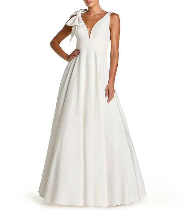 マックダガル レディース トップス 衣装 Vネックレープ Mac Duggal Deep V-Neck Bow Shoulder Crepe Gown White 白いこと