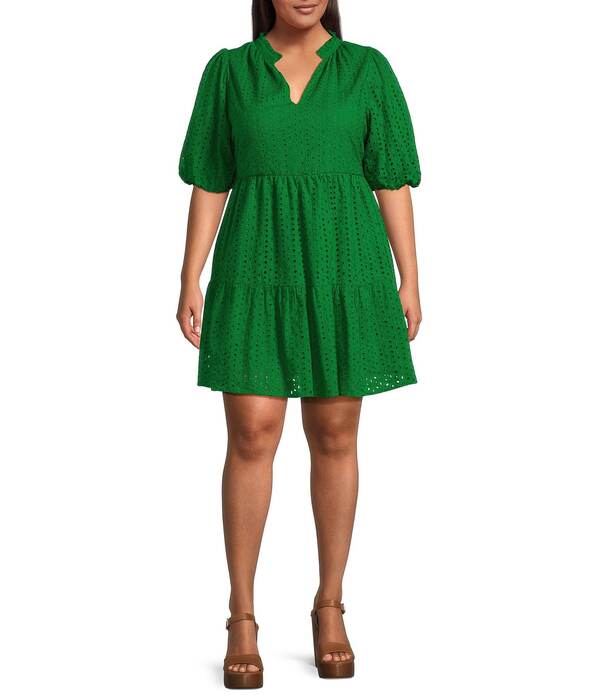 シュガーリップス レディース トップス ワンピース プラスサイズ ミニ Sugarlips Plus Eyelet Solid Babydoll Shift Mini Dress Kelly Green グリーン|ReVida 店