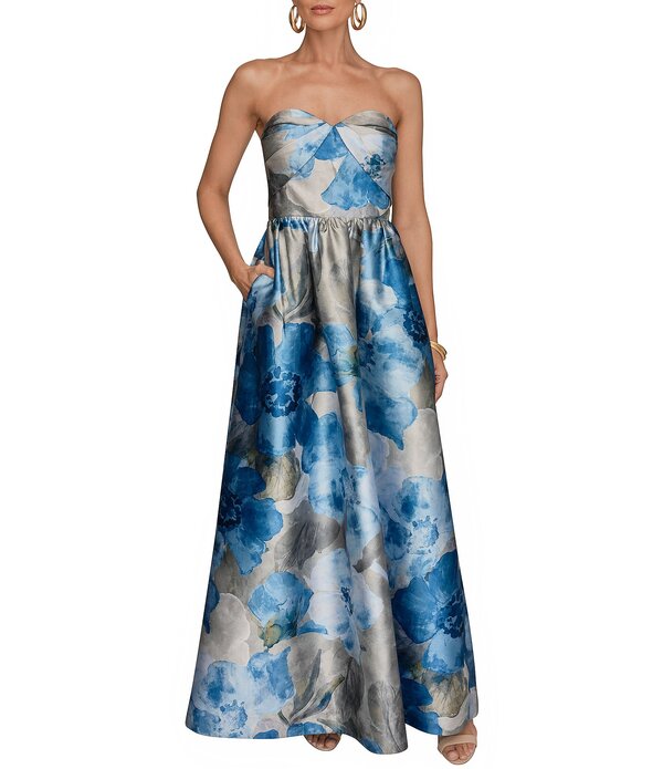 ダナキャラン レディース トップス 衣装 御花柄 刷り上げる ストラップレス ノースリーブ 御花 Donna Karan Floral Print Mikado Straplessweetheart Neck Sleeveless Ball Gown Washed Indigo インディゴ