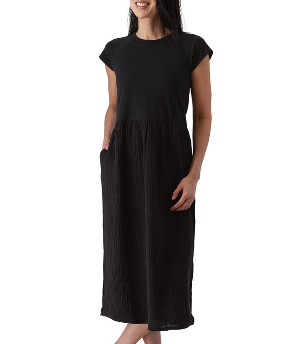アベンチュラ レディース トップス ワンピース クルーネック A ライン ミディ コットン Aventura Midsummer Organicotton Blend Mixed Media Crew Neck Raglan Sleeve A-Line Midi Dress Black ブラック｜ReVida 店