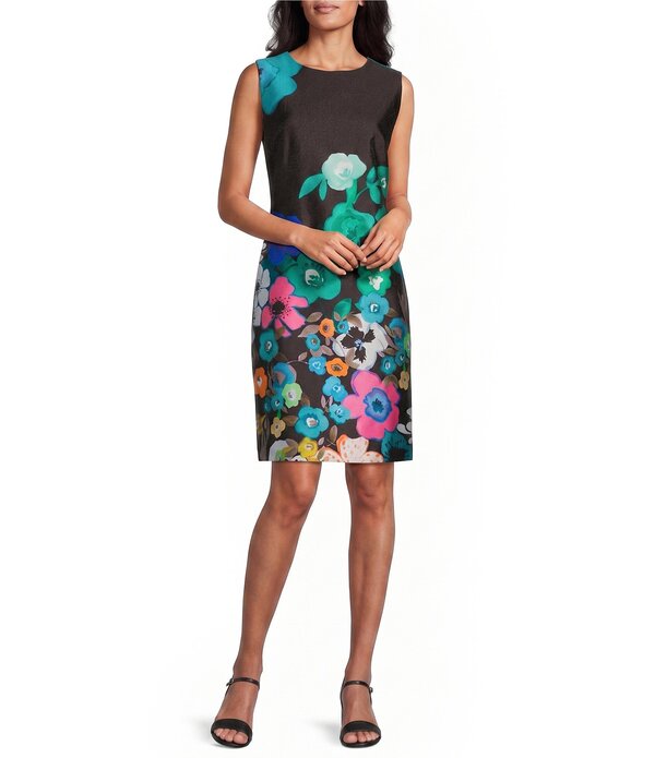 キャロライン サクラ色 レディース トップス 衣装 御花柄 刷り上げる ノースリーブ 御花 Caroline Rose Mikado Bright Multi Floral Print Scoop Neck Sleevelessheath Dress Multi Black 黒いこと