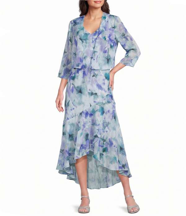アールアンドエムリチャーズ レディース トップス ワンピース フリル裾 シフォン プリント フリル ジャケット R & M Richards Printed Lurex Chiffon Bolero High Low Ruffle Hem Jacket Dress Aqua/Lavender アクア|ReVida 店