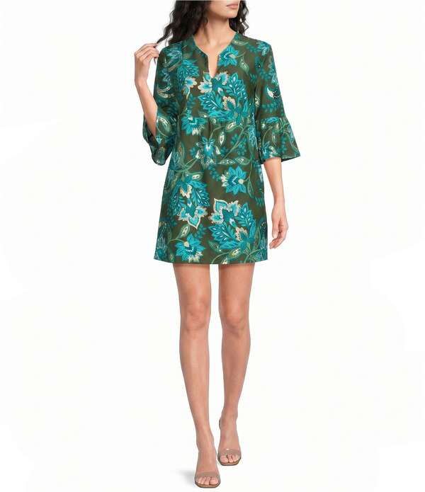 ジュードコーナリー レディース トップス ワンピース Vネック フラワー柄 プリント ニット フラワー Jude Connally Kerry Boho Floral Print Split V-Neck 3/4 Bell Sleeve Knit Shift Dress Boho Floraloden|ReVida 店