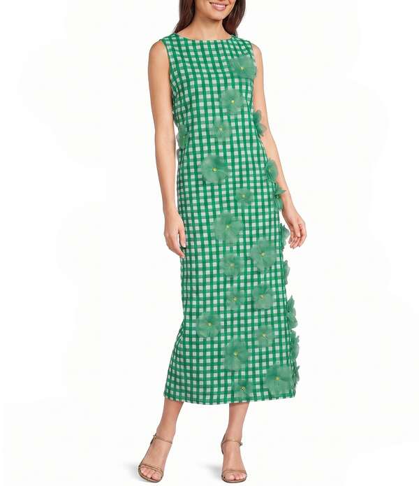 フランセスバレンタイン レディース トップス ワンピース プリント ノースリーブ FRANCES VALENTINE Origami Ginham Print Poplin Round Neck Sleeveless 3D Flower Dress Green/Oyster グリーン｜ReVida 店