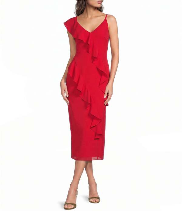 バッジェリーミシュカ レディース トップス ワンピース フリル ミディ Belle by Badgley Mischka Cascading Ruffle Midi Caroline Dress Red レッド|ReVida 店