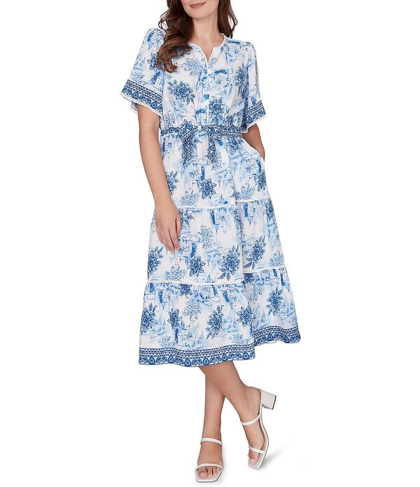 ルビーアールディー レディース トップス ワンピース Vネック プチ プリント ミディ シルク Ruby Rd. Petite Size Silky Voile Toile Border Print Split Round V-Neck Short Sleeve Belted Midi Dress Porcelain Blue Multi ブルー｜ReVida 店