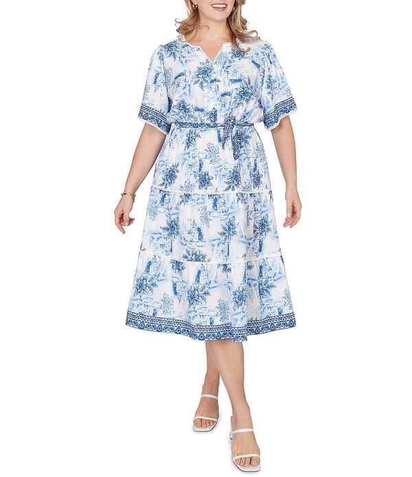 ルビーアールディー レディース トップス ワンピース Vネック プラスサイズ プリント ミディ シルク Ruby Rd. Plusize Silky Voile Toile Border Print Split Round V-Neck Short Sleeve Belted Midi Dress Porcelain Blue Multi ブルー｜ReVida 店