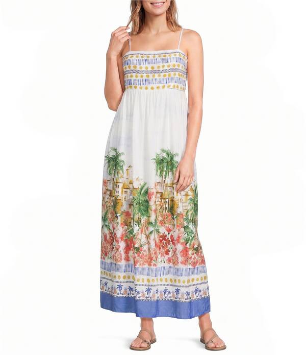 スカイズアブルー レディース トップス ワンピース プチ プリント ノースリーブ マキシ Skies Are Blue Petite Size Tropical Border Printed Square Neck Sleeveless Maxi Dress Blue Multi ブルー|ReVida 店
