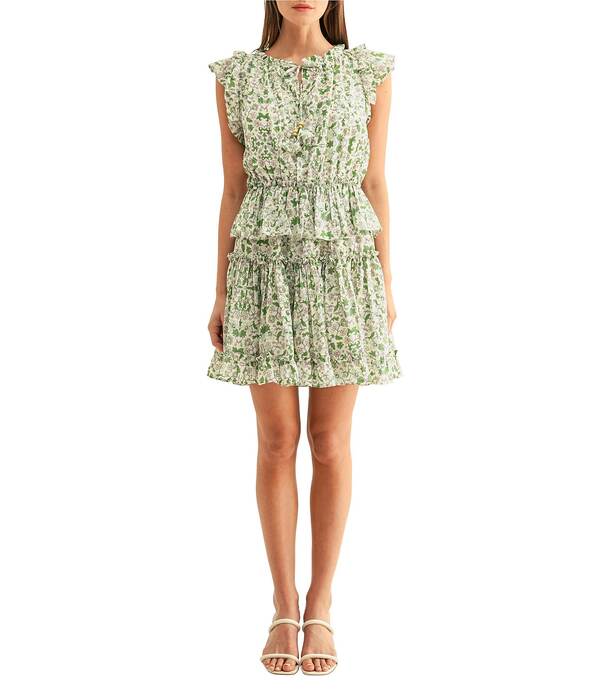 アドレイン ラエ レディース トップス ワンピース Vネック フラワー柄 プリント フリル ノースリーブ フラワー Adelyn Rae Floral Printed Splitie V-Neck Sleeveless Ruffle Short Dress Green Multi グリーン|ReVida 店