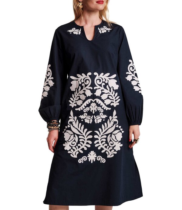 フランセスバレンタイン レディース トップス 衣装 MIDI 刺しゅう FRANCES VALENTINE Kris Embroidered Poplin Split Neck Long Sleeve Midi Shift Dress Navy/White 白いこと