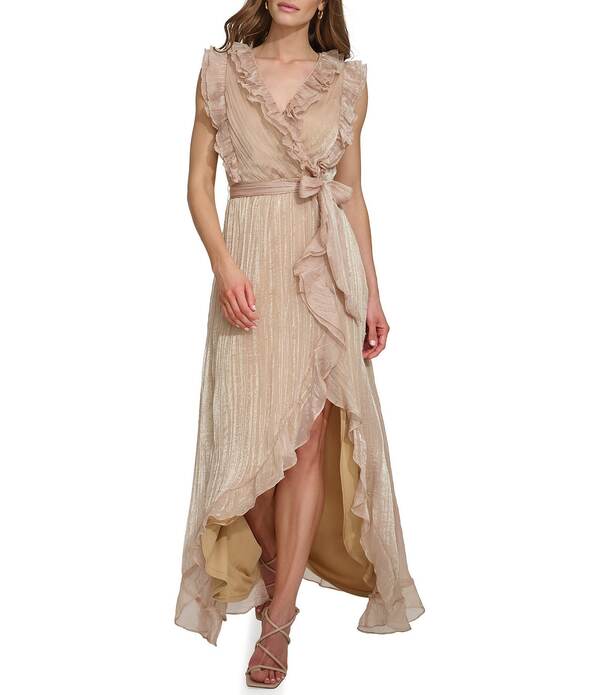 ダナキャラン レディース トップス ワンピース Vネック アシンメトリー フリル ノースリーブ DKNY By Donna Karan Sleeveless V Neck Ruffled Asymmetrical Hem Long Dressandalwood|ReVida 店