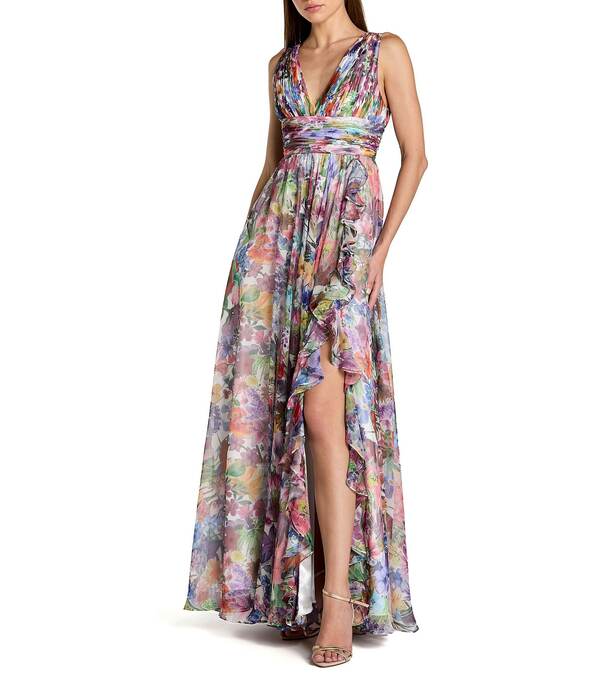 マックダガル レディース トップス 衣装 Vのど首 シフォン 刷り上げる ギャザー ノースリーブ Mac Duggal Sleeveless Printed Chiffon V Neck Ruched Gown Multi マルチ色合い