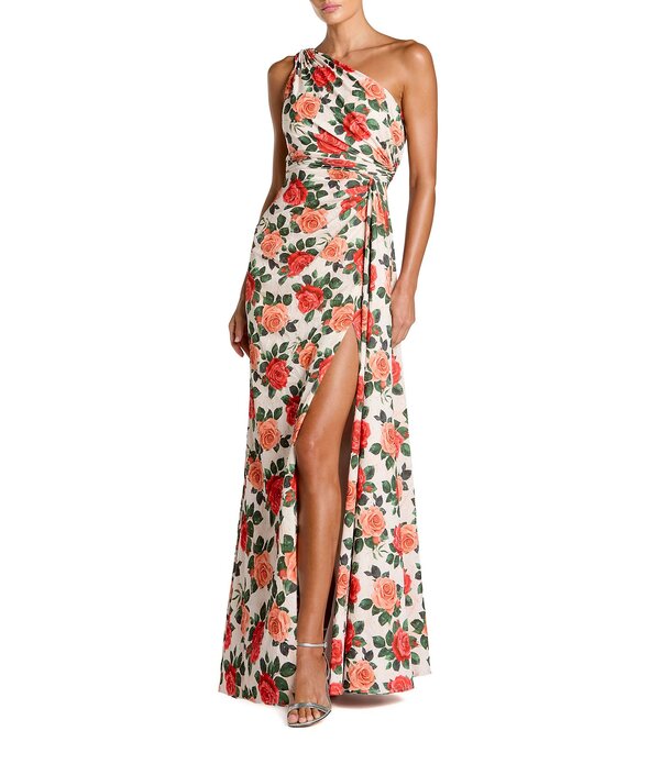マックダガル レディース トップス ワンピース Mac Duggal One Shoulder Charmeuse Column Gown Red Rose レッド|ReVida 店