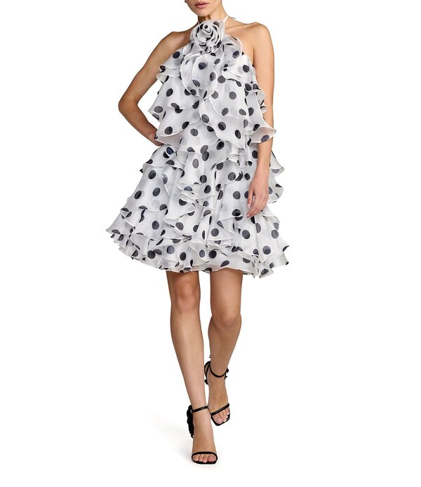 マックダガル レディース トップス 衣装 点点柄 点点 フラウンス ミニ ホルター Mac Duggal Polka Dot Organza Halteruffle Mini Dress Black Ivory 象牙色