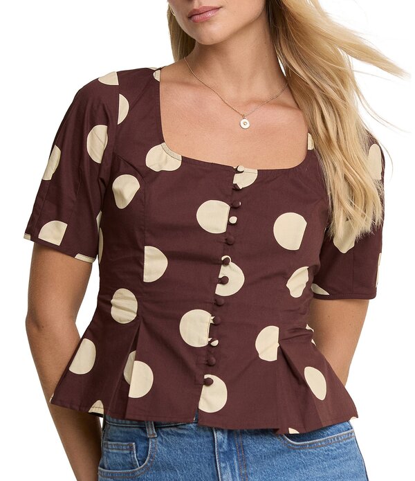 ノーバディーズ チャイルド レディース トップス シャツ Nobody's Child Minerva Dotted Square Neck Short Sleeve Top Brown ブラウン|ReVida 店