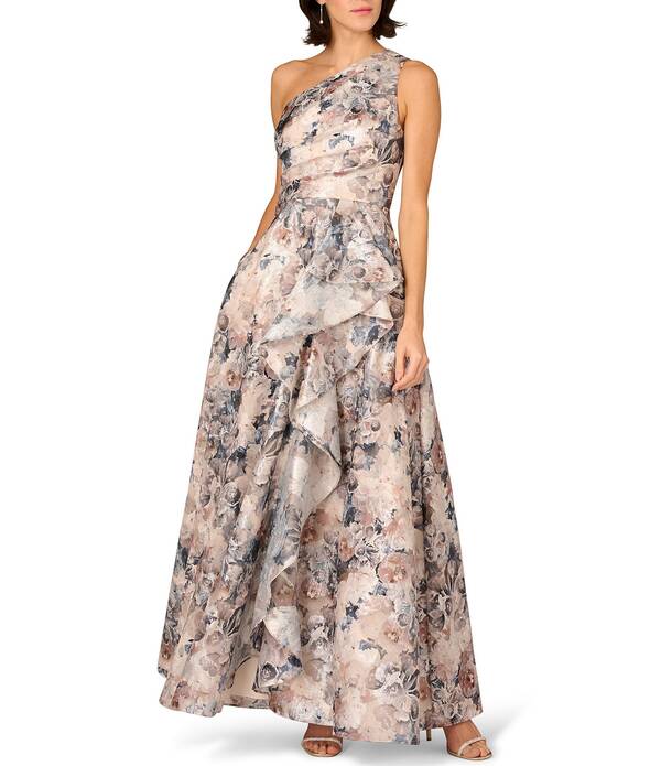 アイダンマットックス レディース トップス 衣装 刷り上げる Aidan Mattox Printed Jacquard One Shoulder Long Dress Blue Multi 青色