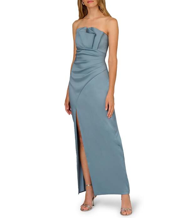 アイダンマットックス レディース トップス ワンピーストラップレス Aidan Mattox Strapless Mikado Long Dress Blue Grey 薄墨色