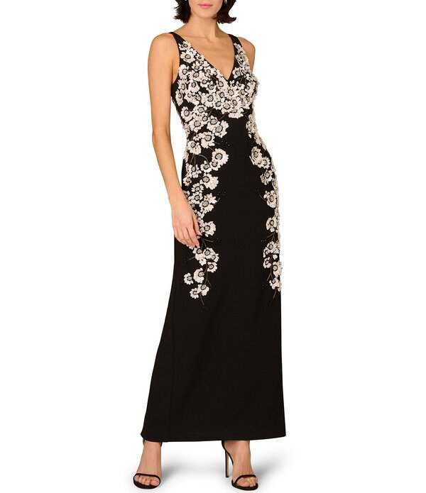 アイダンマットックス レディース トップス 衣装 Vネックレープ Aidan Mattox Beaded Crepe V Neck long Dress Black White 白いこと