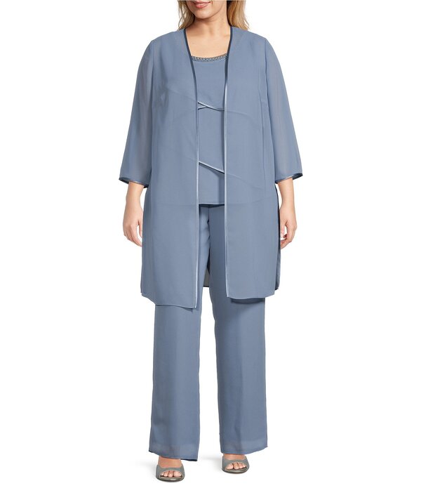 ルボ レディース トップス 衣装 ジョーゼット つけ加える大きさ 繻子 Le Bos Plusize Pebble Georgette Satin Trim Beaded Scoop Neck 3/4 Sleeve 3-Piece Pant Set French Blue 青み