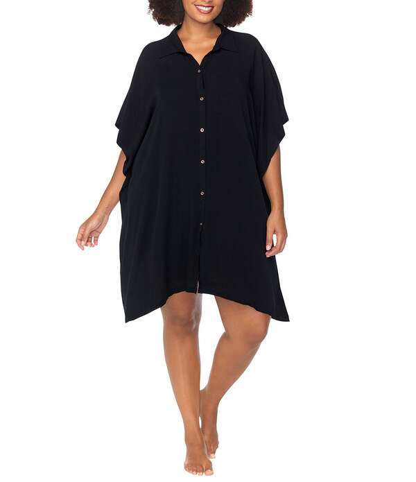 ライジンズ レディース トップス 衣装 つけ加える大きさ Raisins Curve Plusize Vacay Point Collar Batwing Sleeve Button Front Swim Cover-Up Black 黒いこと