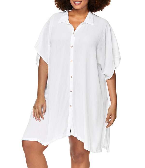 ライジンズ レディース トップス 衣装 つけ加える大きさ Raisins Curve Plusize Vacay Point Collar Batwing Sleeve Button Front Swim Cover-Up White 白いこと