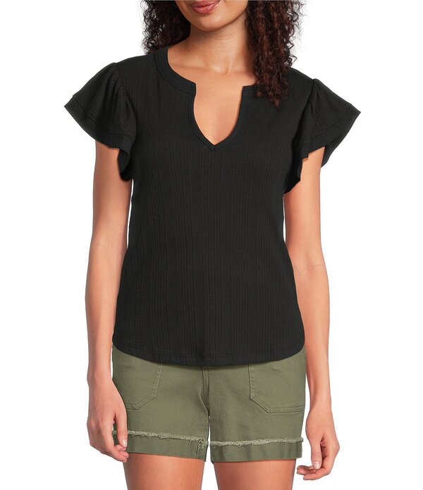デモクラシー レディース トップス シャツ Vネック キャップ ニット Democracy Mix-Media Split V-Neck Cap Sleeve Shirttail Hem Knitop Black ブラック｜ReVida 店