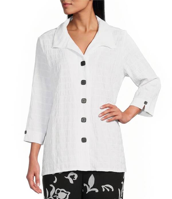 アリソン デイリー レディース トップス シャツ プチ ニット Allison Daley Petite Size 3/4 Sleeve Point Collar Button Front Knitop White ホワイト|ReVida 店