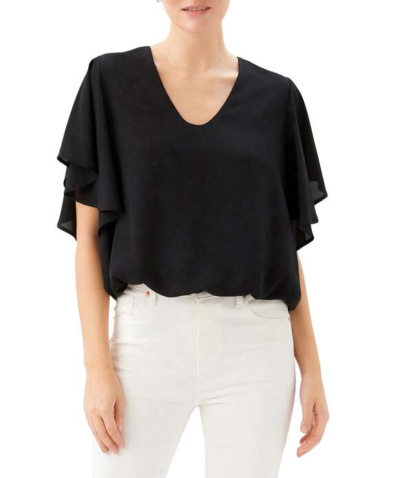 カレンケーン レディース トップス シャツ Vネックレープチ シルク Karen Kane Petite Size Silky Crepe V-Neck Short Sleeve Top Black ブラック｜ReVida 店