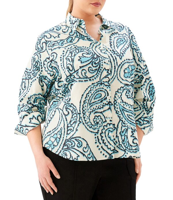 カレンケーン レディース トップス シャツ プラスサイズ ギャザー Karen Kane Plusize Paisley Point Collar 3/4 Ruched Sleeve Button-Front Shirt Print｜ReVida 店