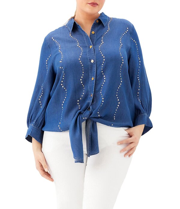 カレンケーン レディース トップス シャツ プラスサイズ Karen Kane Plusize Tencel Woven Embellished Point Collar 3/4 Sleeve Button Up Tie-Front Shirt Chambray｜ReVida 店
