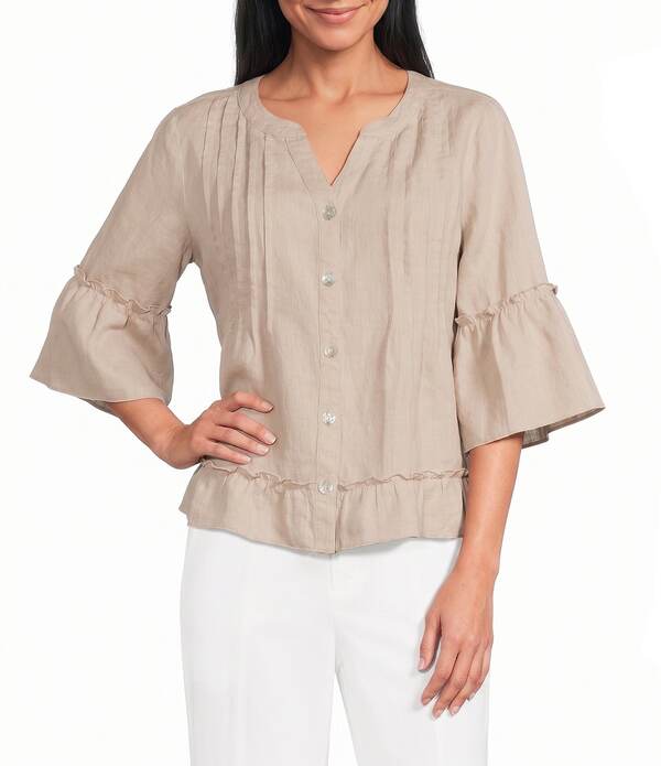 ジョン マーク レディース トップス シャツ Vネック フリル ブラウス John Mark Woven Split V-Neck 3/4 Ruffle Sleeve Button-Front Blouse Linen｜ReVida 店