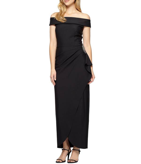 アレックスイブニングス レディース トップス ワンピース フリル Alex Evenings Off The Shoulder Cascade Ruffle Long Dress Black ブラック｜ReVida 店