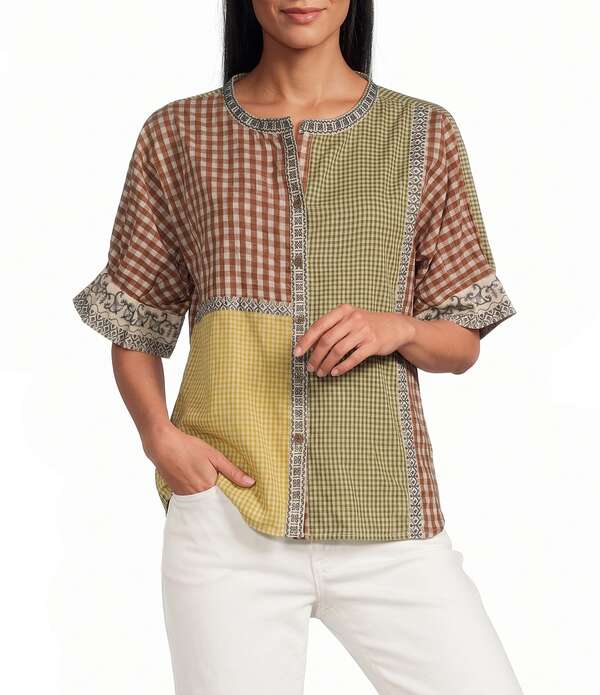 ジョン マーク レディース トップス シャツ パッチワーク 刺繍 John Mark Yarn Dyed Mixed Check Patchwork Embroidered Band Collar Dolman Elbow Sleeve Button Front Shirt Check Multi マルチカラー｜ReVida 店