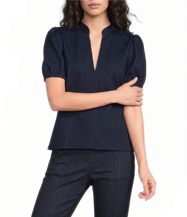 ジュードコーナリー レディース トップス プルオーバー Vのど首 ジーンズ Jude Connally Coco Denim Band Collar V-Neck Short Puff Sleeve Top Navy 米国海軍