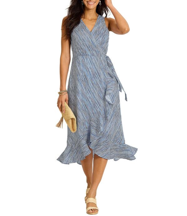 トッミーバハマ レディース トップス ワンピース Vネック フリル ミディ ノースリーブ リネン Tommy Bahama Coastal Shores Linen Stripe Surplice V-Neck Sleeveless High Low Ruffle Wrap Midi Dress Coastline ストライプ｜ReVida 店