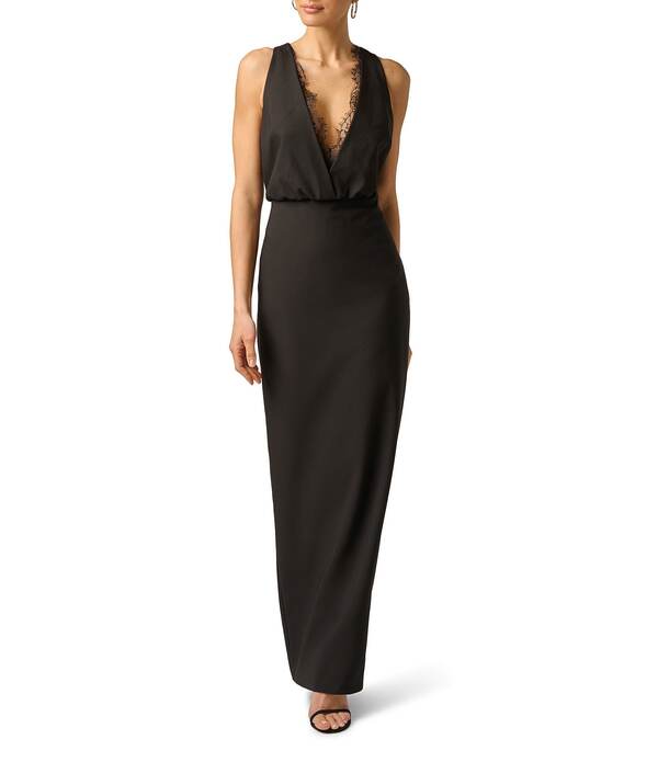 アドリアナ パペル レディース トップス ワンピース クレープ レース Adrianna Evening by Adrianna Papell Crepe and Lace Plunging Neckline Long Dress Black ブラック|ReVida 店