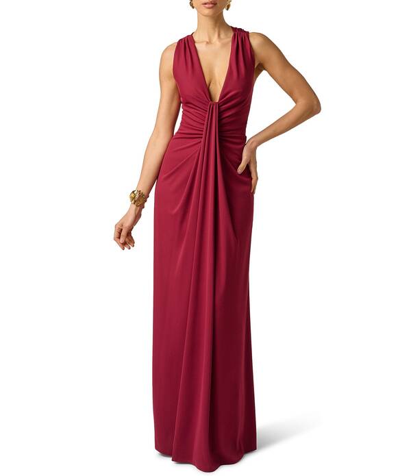 アドリアナ パペル レディース トップス ワンピース ドレープ スカート ジャージー Adrianna Evening by Adrianna Papell Jersey Long Dress With Plunging Neckline and Skirt Drape Crimson Haze クリムゾン|ReVida 店