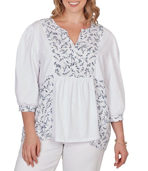 ルビーアールディー レディース トップス カットソー V素っ首 つけ加える大きさ Ruby Rd. Plusize Split V-Neck 3/4 Sleeve Sharkbite Hem Flowy Toporcelain Blue Multi 青み