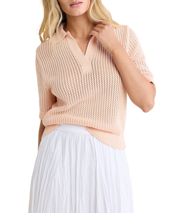 ニックアンドゾー レディース アウター ニット・セーター Vネック ポロシャツ メッシュ NIC + ZOE Mesh Knit Polo V-Neck Elbow Sleeve Top Orange Sherbert オレンジ｜ReVida 店