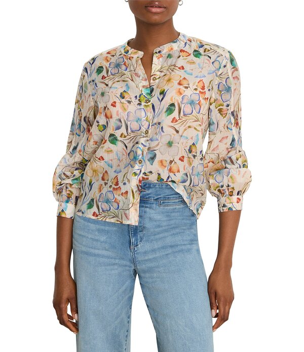 ニックアンドゾー レディース トップス シャツ ブラウス NIC + ZOE Pressed Flower Femme Band Collar Long Sleeve Blouse Neutral Multi マルチカラー｜ReVida 店