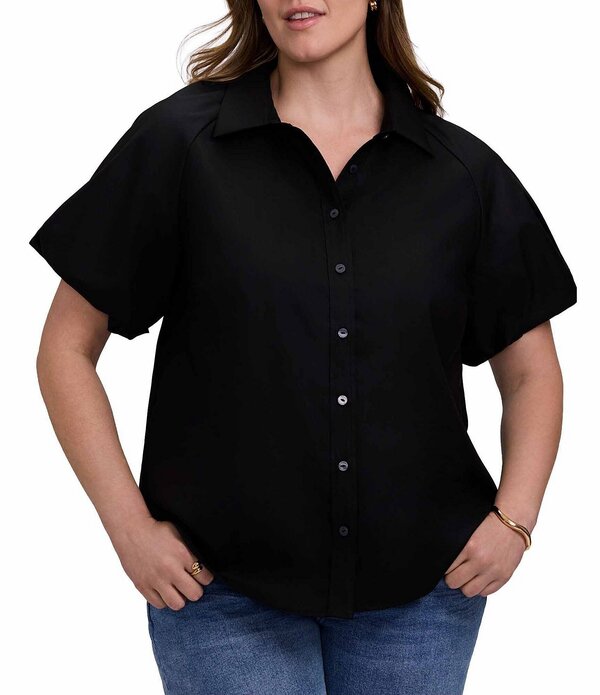 フォックスクラフト レディース トップス シャツ プラスサイズ ブラウス Foxcroft Plusize Paula Point Collar Short Puff Sleeve Button-Front Blouse Black ブラック|ReVida 店