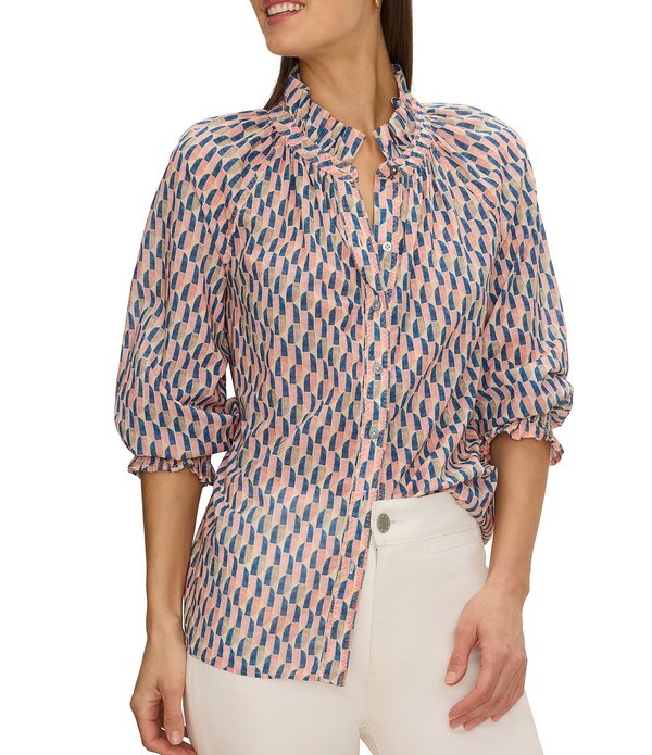 ニックアンドゾー レディース トップス シャツ フリル NIC + ZOE Sideways Crinkle Ruffle Stand Collar 3/4 Sleeve Shirt Pink Multi ピンク｜ReVida 店