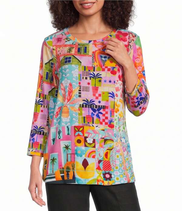 アリ マイルス レディース トップス カットソー プリント Ali Miles Pink Multi Print Round Nek 3/4 Sleeve Tunic Pink Print ピンク｜ReVida 店