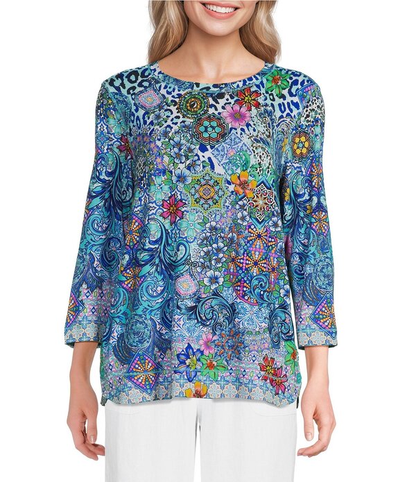 アリ マイルス レディース トップス カットソー プリント Ali Miles Multi Print Round Neck 3/4 Sleeve Tunic Multi マルチカラー｜ReVida 店