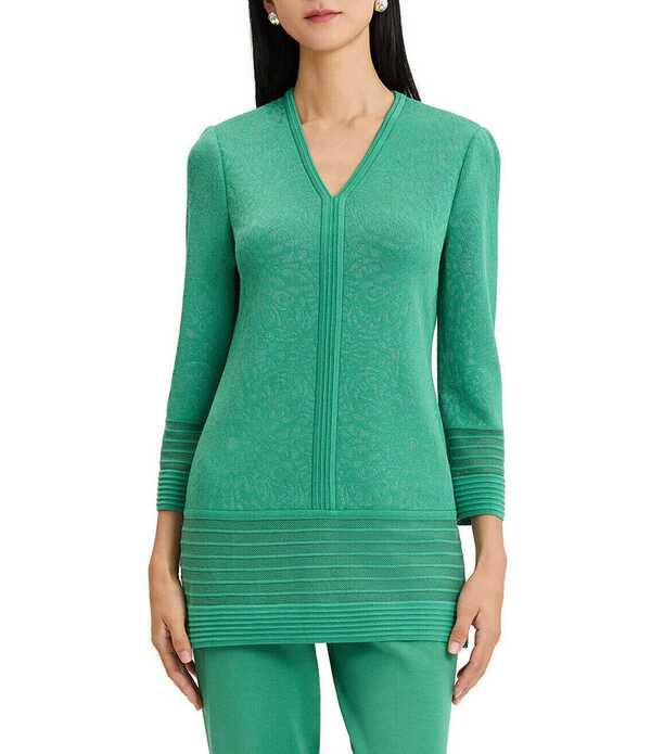 ミンウォン レディース トップス カットソー Vのど首 編み物 Ming Wang Classic Burnout Medallion Soft Knit V-Neck Bracelet Sleeve Tunic Kelly Green 緑であること